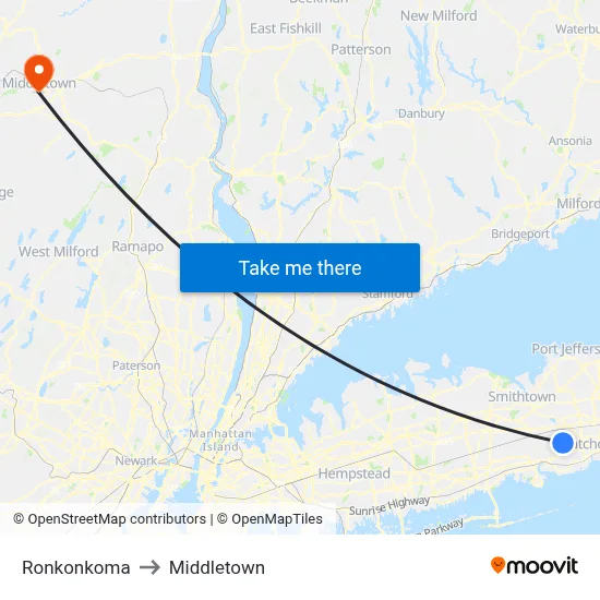Ronkonkoma to Middletown map