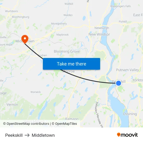 Peekskill to Middletown map