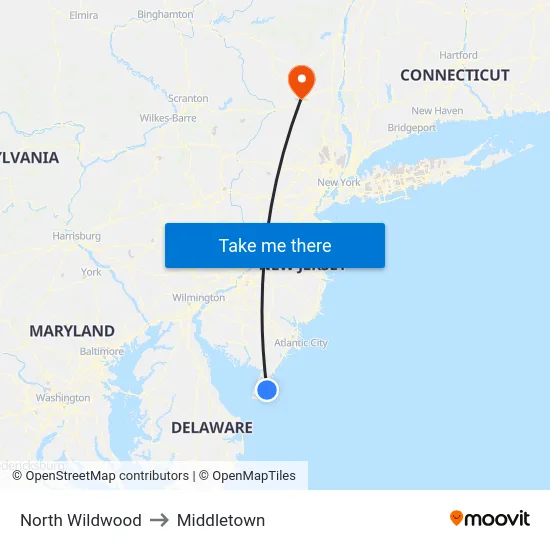 North Wildwood to Middletown map
