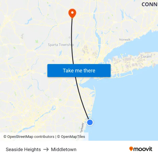Seaside Heights to Middletown map