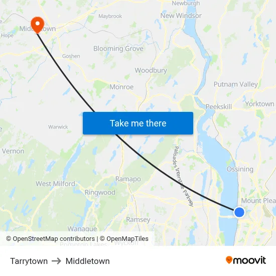 Tarrytown to Middletown map