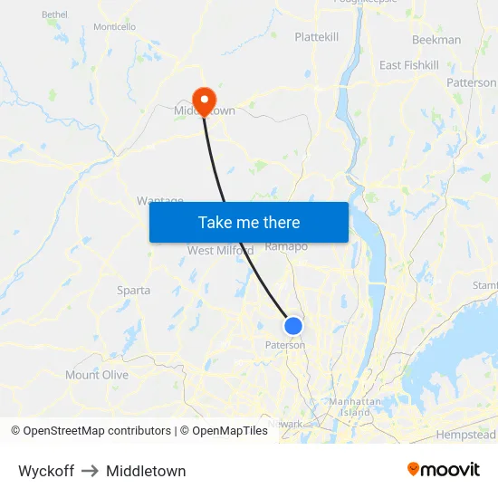 Wyckoff to Middletown map