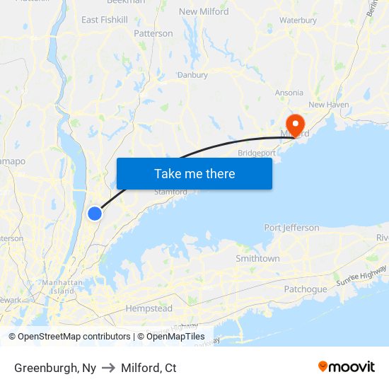 Greenburgh, Ny to Milford, Ct map