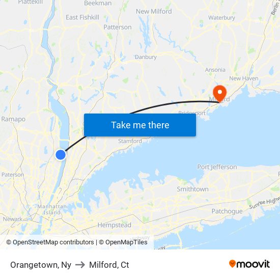 Orangetown, Ny to Milford, Ct map