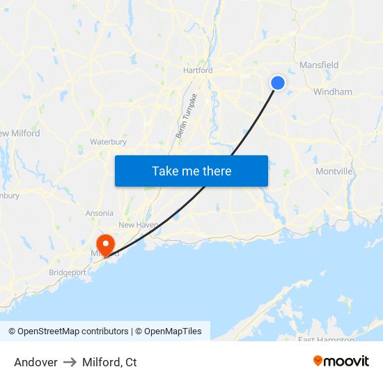 Andover to Milford, Ct map