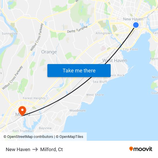 New Haven to Milford, Ct map