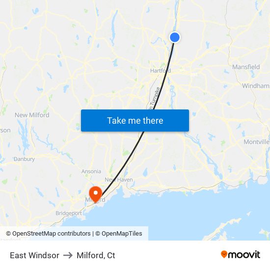 East Windsor to Milford, Ct map