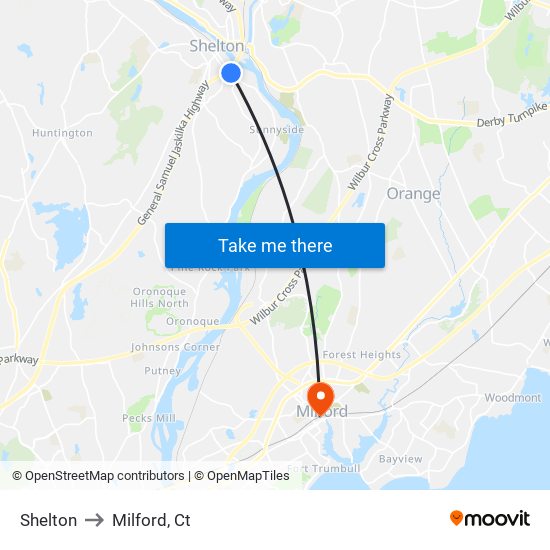 Shelton to Milford, Ct map