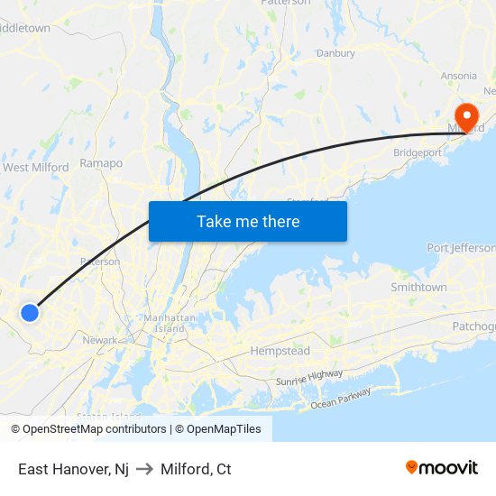 East Hanover, Nj to Milford, Ct map
