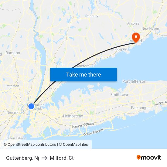 Guttenberg, Nj to Milford, Ct map