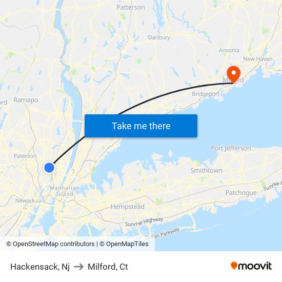 Hackensack, Nj to Milford, Ct map