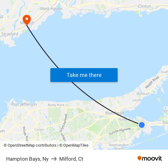 Hampton Bays, Ny to Milford, Ct map