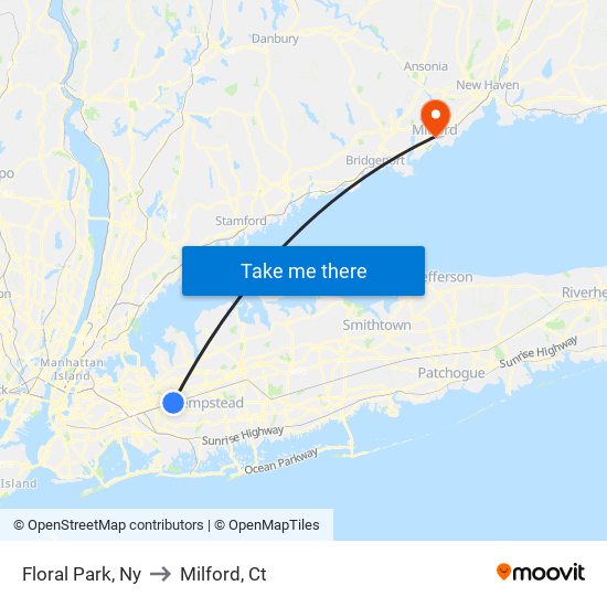 Floral Park, Ny to Milford, Ct map