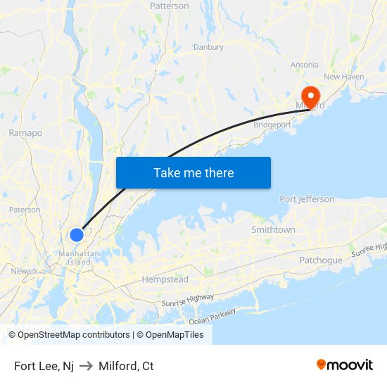 Fort Lee, Nj to Milford, Ct map