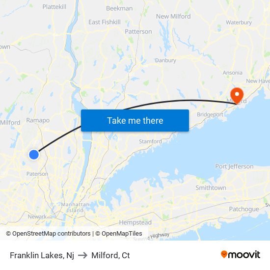 Franklin Lakes, Nj to Milford, Ct map