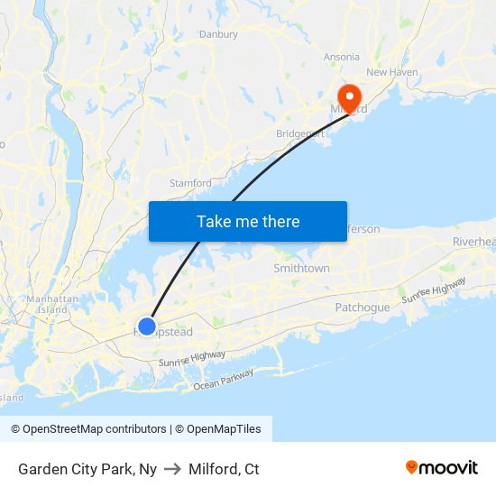 Garden City Park, Ny to Milford, Ct map