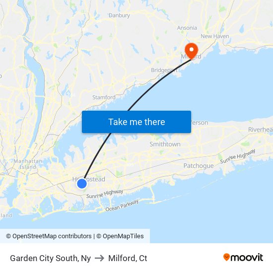 Garden City South, Ny to Milford, Ct map