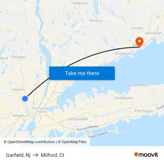 Garfield, Nj to Milford, Ct map