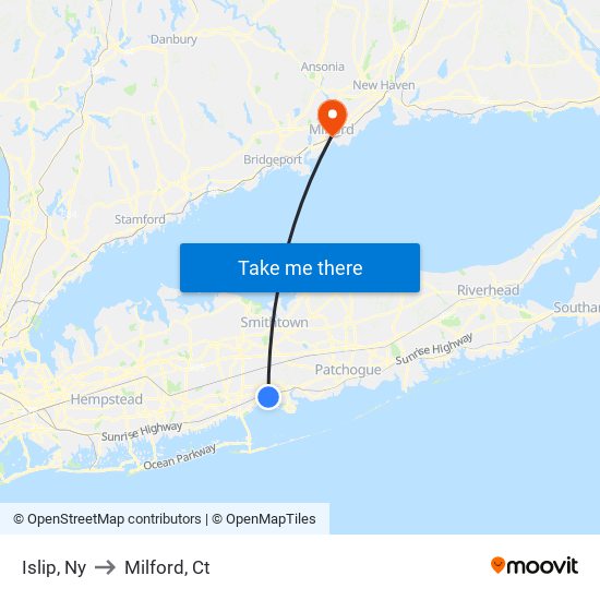 Islip, Ny to Milford, Ct map