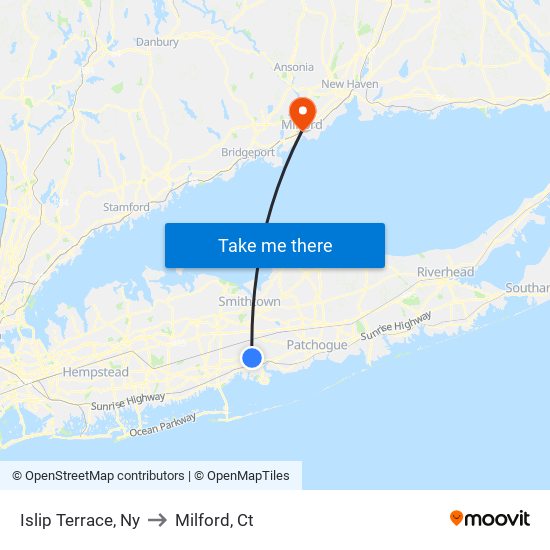 Islip Terrace, Ny to Milford, Ct map