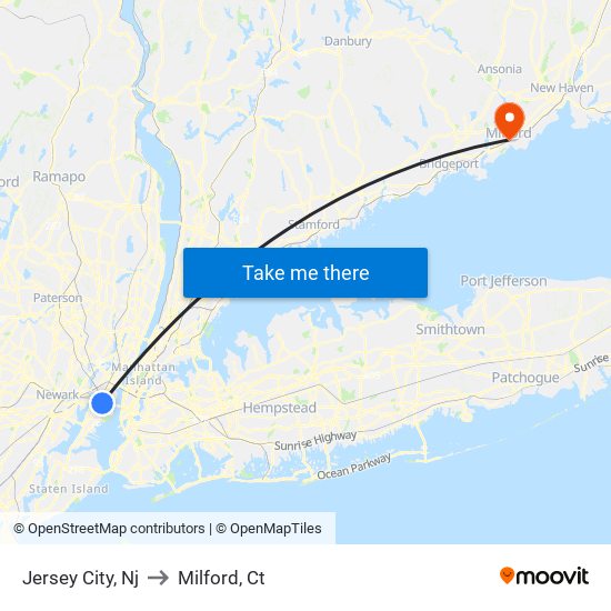 Jersey City, Nj to Milford, Ct map