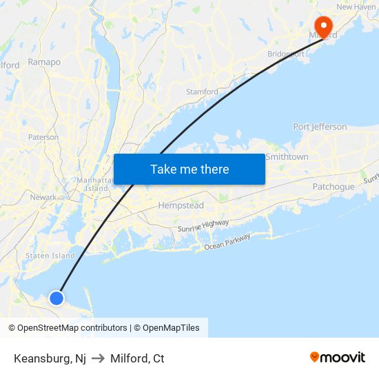 Keansburg, Nj to Milford, Ct map
