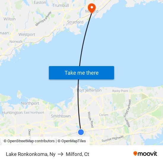 Lake Ronkonkoma, Ny to Milford, Ct map