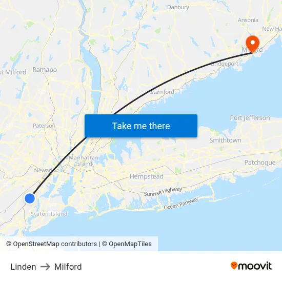 Linden to Milford map