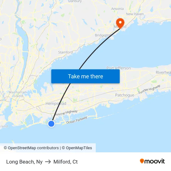 Long Beach to Milford, Ct map