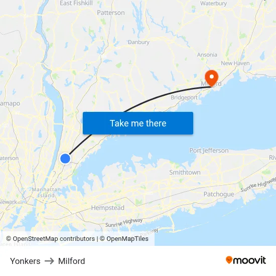 Yonkers to Milford map
