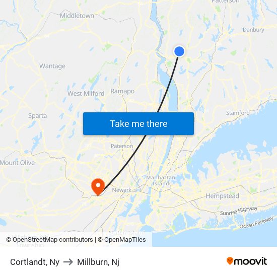 Cortlandt, Ny to Millburn, Nj map