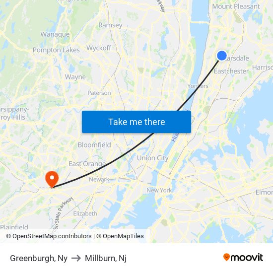 Greenburgh, Ny to Millburn, Nj map