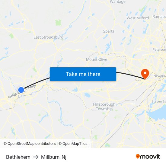 Bethlehem to Millburn, Nj map