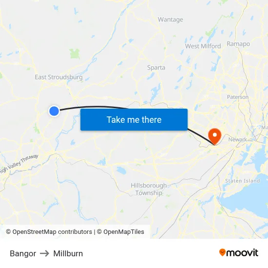Bangor to Millburn map