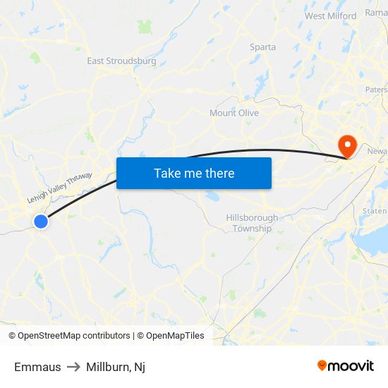 Emmaus to Millburn, Nj map