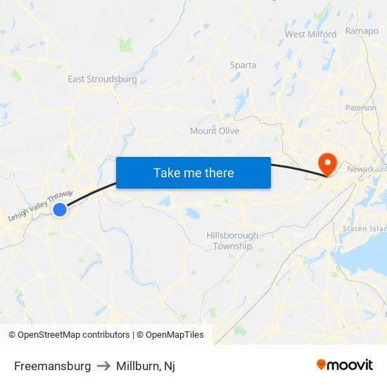 Freemansburg to Millburn, Nj map