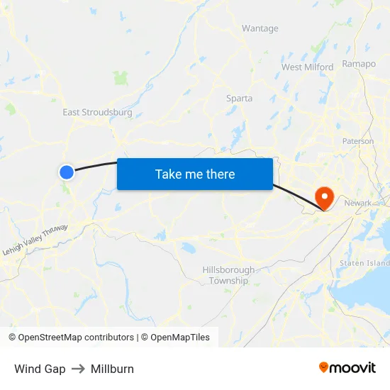Wind Gap to Millburn map