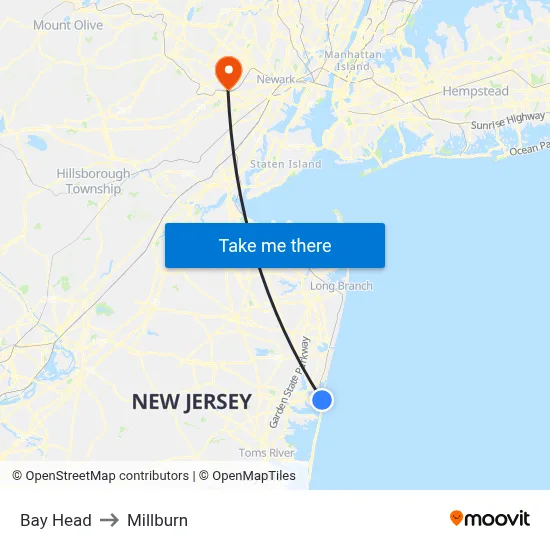 Bay Head to Millburn map