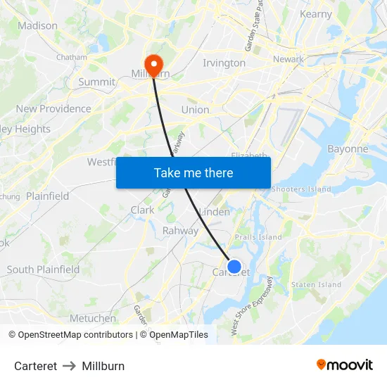 Carteret to Millburn map