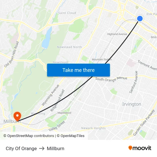 City Of Orange to Millburn map