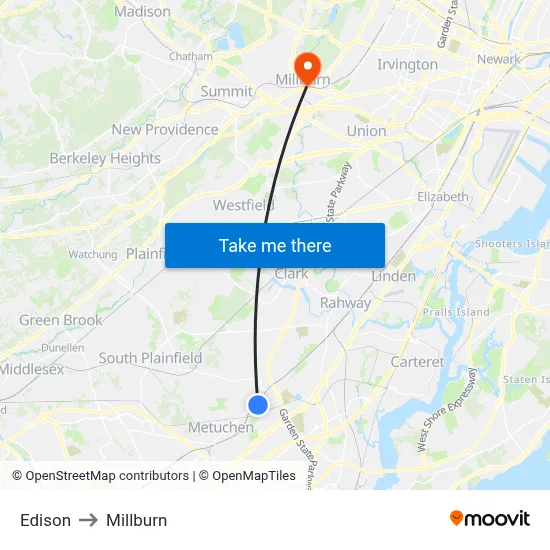 Edison to Millburn map