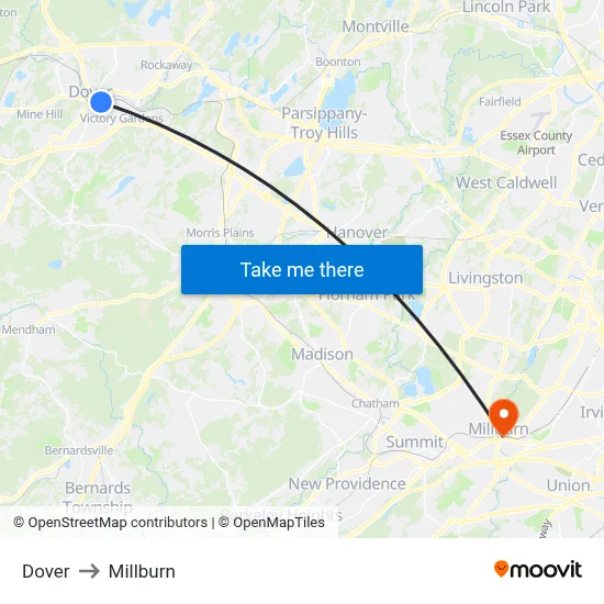 Dover to Millburn map