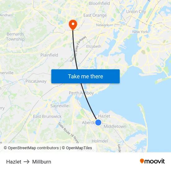 Hazlet to Millburn map