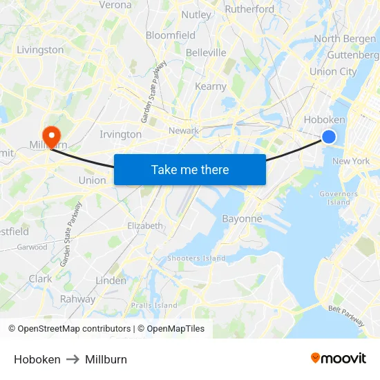 Hoboken to Millburn map