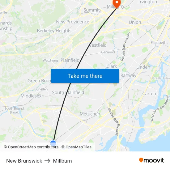 New Brunswick to Millburn map