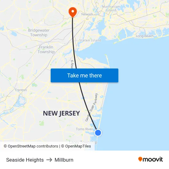 Seaside Heights to Millburn map