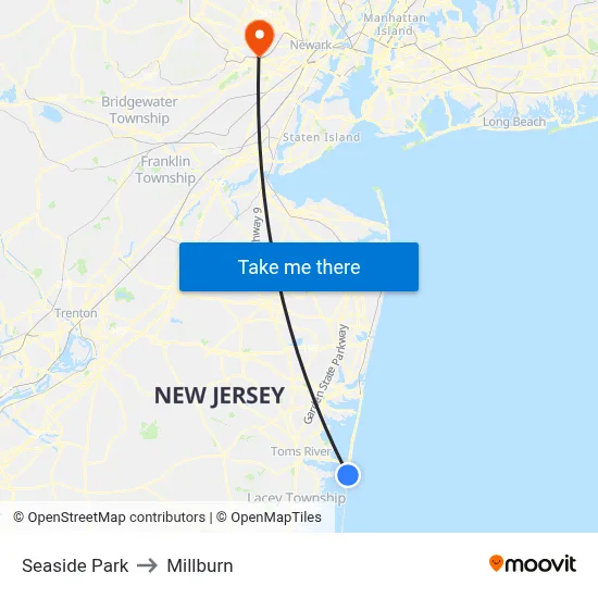 Seaside Park to Millburn map