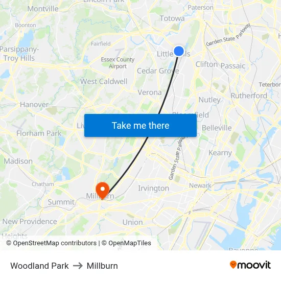 Woodland Park to Millburn map