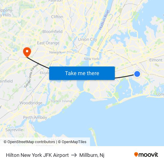 Hilton New York JFK Airport to Millburn, Nj map