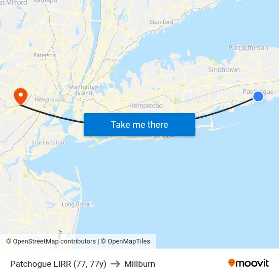 Patchogue LIRR (77, 77y) to Millburn map